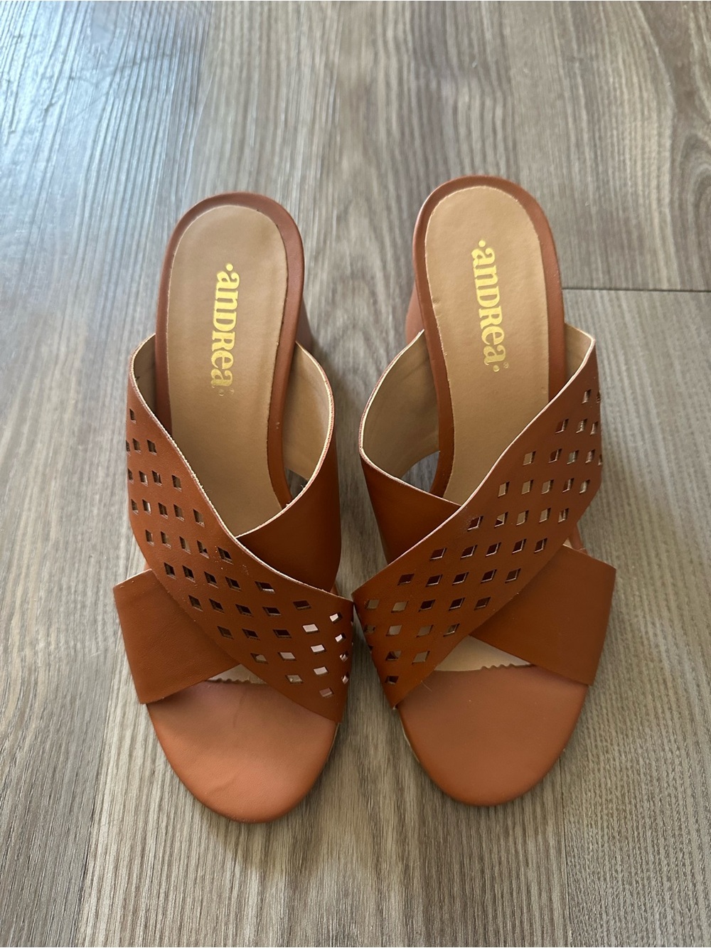 ANDREA FENZI Tan Crisscross Perforated Slide Mules